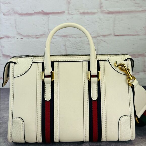 Authentic Gucci Web Sherry Line 2 Way Small Bauletto Leather Bag 715772 White - Picture 3 of 16